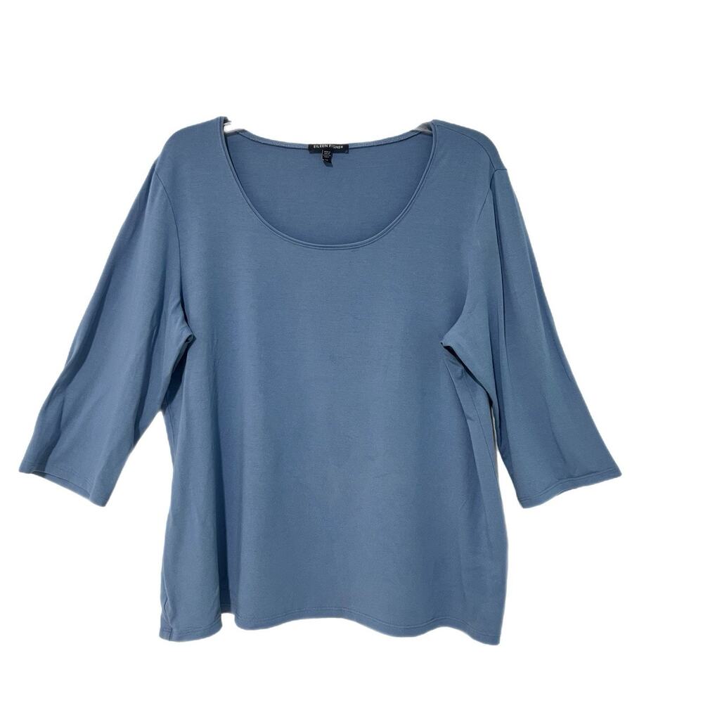 Eileen Fisher Slub Top XL Half Sleeve T Shirt Blue Stretch Classic Minimalist